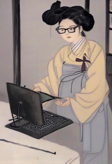 shinyunbok painting, a lady wearing glasses, her eyes fixed on the computer screen as she works tirelessly <lora:yunbok:1>