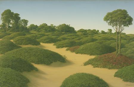style of Roger Dean, coppice ,boscage ,garden ,plantation , Dune Field ,