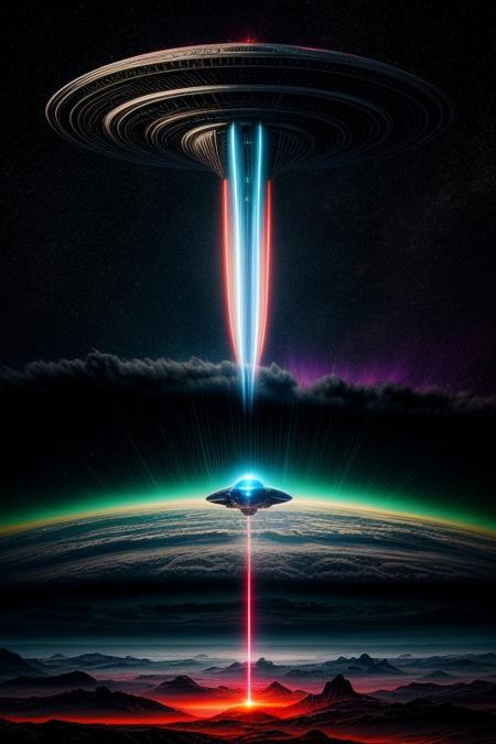 A futuristic alien spaceship soaring through a surreal landscape, in the style of a vibrant sci-fi painting, vivid colors, intricate details, dynamic clouds, ethereal lighting