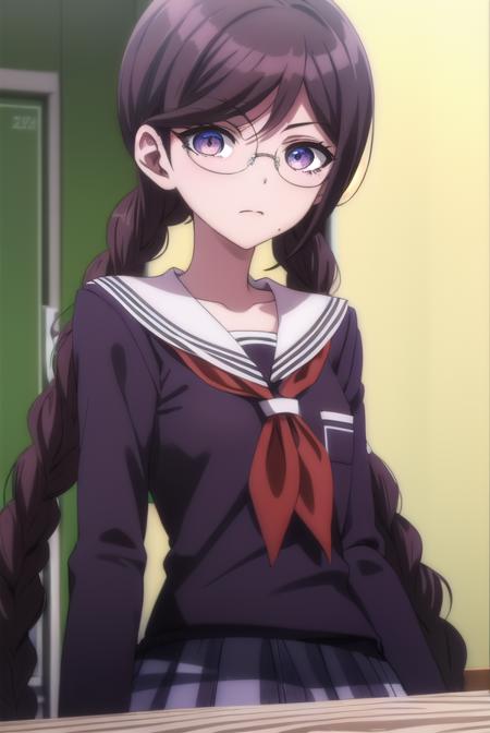 toukofukawa, <lora:touko fukawa s1-lora-nochekaiser:1>,
touko fukawa, long hair, bangs, brown hair, braid, glasses, mole, twin braids, mole under mouth, round eyewear, (brown eyes:1.3),
BREAK skirt, shirt, long sleeves, school uniform, serafuku, sailor collar, neckerchief, black shirt, red neckerchief,
BREAK indoors, classroom,
BREAK looking at viewer, (cowboy shot:1.5),
BREAK <lyco:GoodHands-beta2:1>, (masterpiece:1.2), best quality, high resolution, unity 8k wallpaper, (illustration:0.8), (beautiful detailed eyes:1.6), extremely detailed face, perfect lighting, extremely detailed CG, (perfect hands, perfect anatomy),