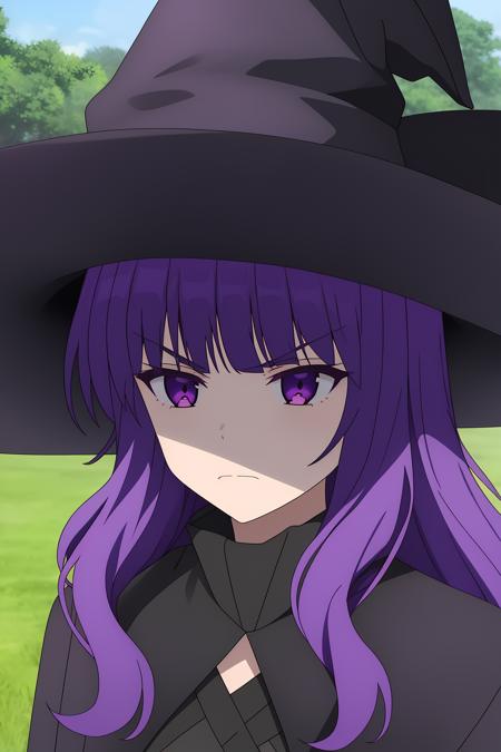 leane, 1girl, solo, long_hair, bangs, hat, closed_mouth, purple_eyes, upper_body, purple_hair, outdoors, v-shaped_eyebrows, black_headwear, witch_hat, frown, black_cape