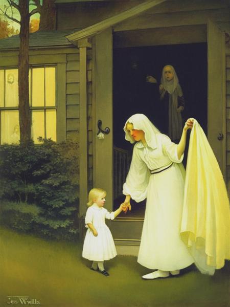 <lyco:JessieWillcoxSmith:1.0> painting of pale blonde woman at a suburban house, a terrifying ghostly apparition, terrifying, scary and surreal, sci-fi, sci-fi poster, Jessie Willcox Smith painting