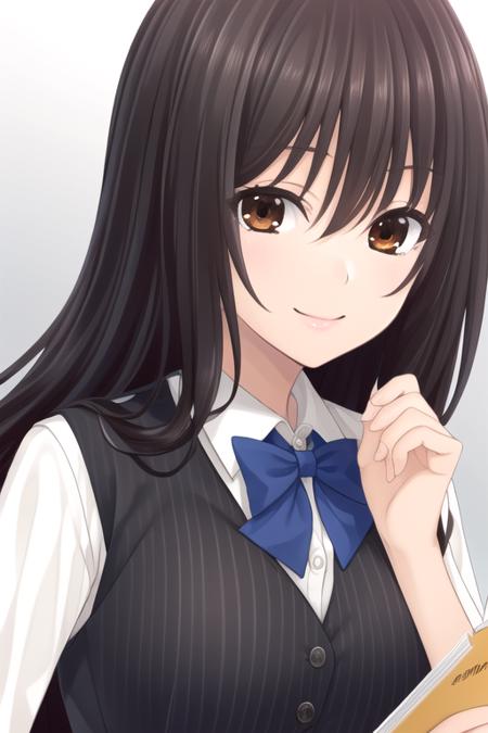 Yakuouji Komachi very long hair,black hair,long hair,floating hair,sidelocks,bangs,brown eyes suit vest,black vest,pinstripe pattern vest,wing collar,collared shirt,white shirt,blue bowtie,long sleeves,large breasts,pencil skirt,black pantyhose,high heels