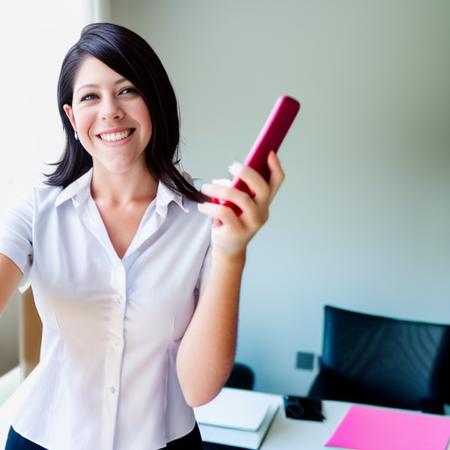 a very beautiful smiling jakquelynn office woman in an office taking a selfie, detailed hands, office clothes, detailed face