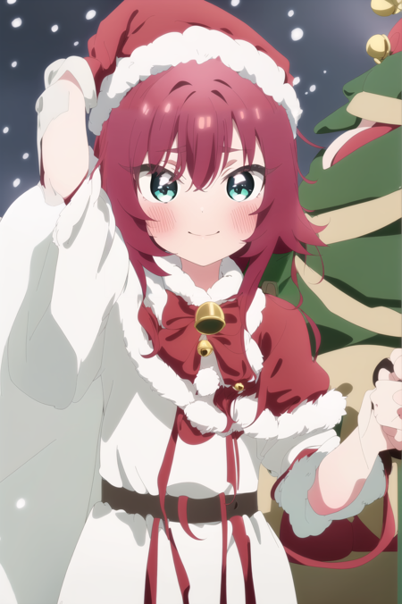 1girl, solo, hat, Green eyes, ((heart-shaped pupils)), smile, long sleeves, capelet, santa hat, holding, ((Merry Christmas!🎄🎁 ❤️)), white shirt, bangs, snowing, ((Red hair)), aqua Eyes, shirt, red capelet, Closed Mouth, fur trim, bell, looking at viewer, sack, fur-trimmed capelet, upper body, arm up, red headwear, hand on headwear, long hair, fur-trimmed headwear, bow, blurry, hair between eyes, holding sack, striped, sidelocks, depth of field, striped bow, christmas, hand up, black bow, santa costume, blurry background, blush, holding bag, ribbon, dress, frills, black hair, snow, white dress, night, outdoors, bag ChristmasTheme