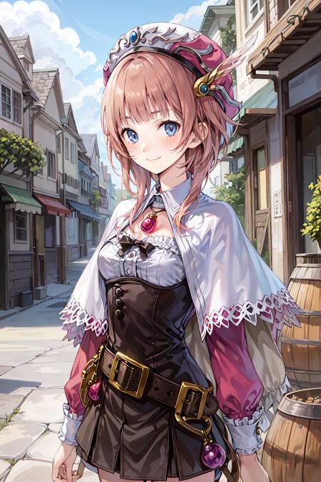 charrorona, 1girl, solo, masterpiece, best quality, smile, upper body, capelet, closed mouth, hat, jewelry, standing, hat feather, belt, dress, skirt, bow, blush, looking at viewer, necklace, pendant, arms at sides, outdoors, town, path, barrels, <lora:roronav1a:0.9>