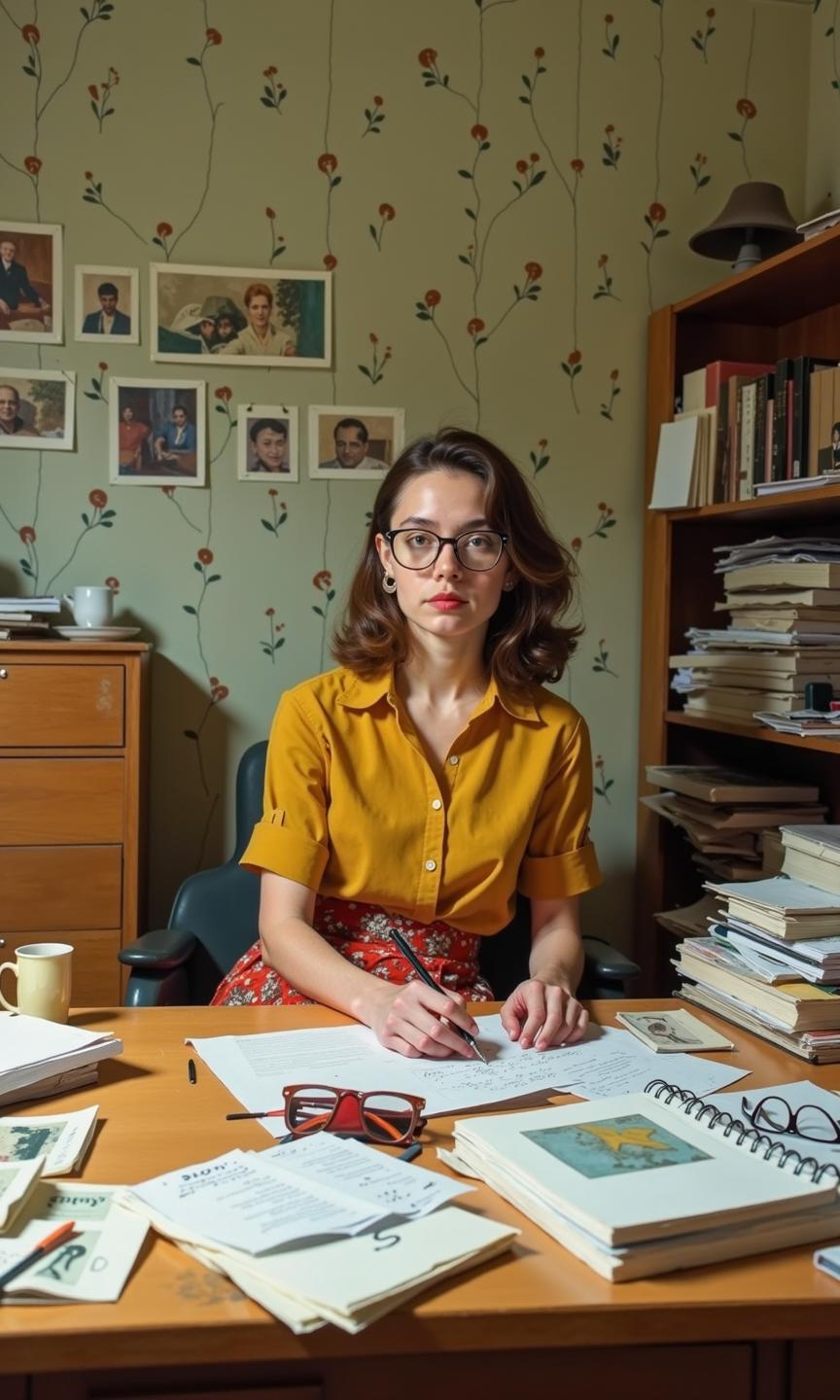 Full shot of a woman seated at a cluttered wooden desk, likely in a home office setting. 
The woman is positioned slightly angled toward the viewer, wearing a mustard yellow button-down shirt and red-and-white patterned skirt. She has shoulder-length brown hair styled in soft waves, and she wears eyeglasses. Her expression is serious and focused. She is holding a pen or stylus in her right hand and her left hand is resting on the papers spread across the desk. 
Many papers, notepads, and small objects are scattered across the desk, which suggest intense activity and organization.  The desk surface is a light brownish-yellow wood.  There's a small cream-colored mug on the left edge of the desk.  A small, closed cabinet or dresser is visible in the background, also in light greenish-gray. 
The wallpaper behind the woman features a muted, pale yellowish-tan backdrop with a repeating pattern of small, stylized leaves and small red dots. Several framed photographs or prints are affixed to the wall, creating a sense of personal memories or visual record-keeping.
A desktop organizer or stack of papers is in the immediate foreground; there are other items like pens, small booklets, and more papers; the clutter suggests a busy work environment or perhaps a creative process.  A pair of eyeglasses or spectacles are visible on the right side of the desk. Parts of a shelf or bookcase are visible, holding additional stacks of documents or papers, continuing the theme of organization and record-keeping.  A small round object in the right background and upper right corner might be a hat stand.
<lora:FLUX-daubrez-DB4RZ-v2:1> DB4RZ, DB4RZ style painting