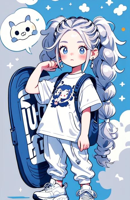 masterpiece, best quality
cute doodle, 1girl, shirt, pants, shoes, white shirt, solo, short sleeves, earrings, long hair, skateboard, backpack, white footwear, speech bubble, jewelry, twintails, standing, english text, full body, blush, bag, grey hair, print shirt, blue eyes, braid, heart
<lora:Cutedoodle_SD15-000008:0.65>