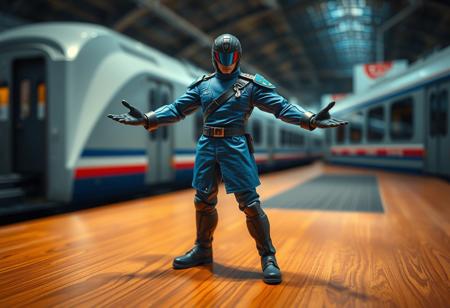 Agent of Judgment warrior on warm wooden surface. Dynamic pose, outstretched arms, legs apart. Blue uniform, black helmet visor, belt, boots. Super Express Bullet Train in background. Ultra-detailed collectible photograph, sharp focus, cinematic studio lighting, macro shot, photorealistic, trending on Artstation, cgsociety.