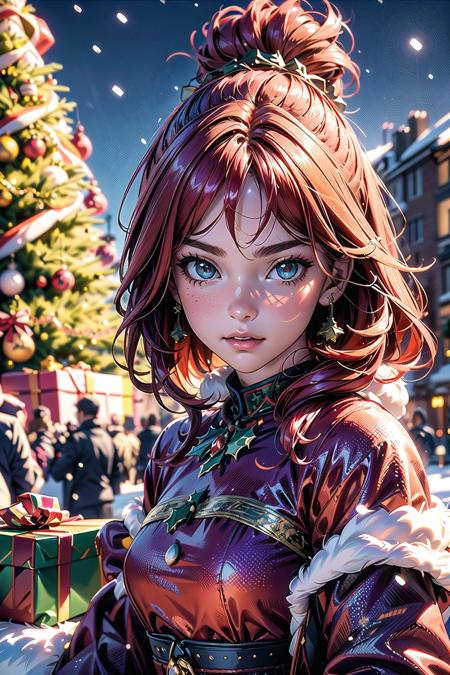 8k wallpaper, awesome, (((masterpiece))), (((best quality))), ((ultra detailed)), (illustration), dynamic angle, red hair, red skimpy dress, a coat, fur, detailed cute face, an extremely delicate and beautiful girl, ((Christmas tree)), (gifts=1.25), snow, Christmas, broken glass, a hand on the head, outside,