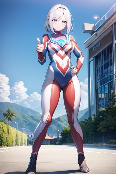 extremely detailed CG unreal engine 8k, best quality, (detailed fingers, detailed hands, detailed face), all intricate, 1girl, beautiful detailed girl, (ultragirl :1.0), ultraman bodysuit, full body, smile, thumbs up, stylish posing, hand on hip, standing, detailed buildings behind, outside
<lora:Ultragirl-Lora12-Blue-000004:1>