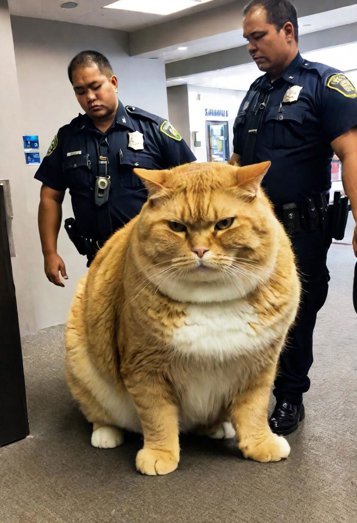 A large orange cat sitting between two police officers.
