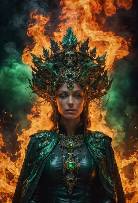 ((Full-length photograph / whole body photograph of the (evil sorceress) wearing (revealing black leather robes) with (a necklace of skulls) and a (crown of fire)  , standing in a poisonous faint green fog, with an (obsidian tower) behind it)), 
:BREAK:
((Perfect photograph, strong fisheye-lens photograph (intense fisheye-view photograph), strong bokeh, cinematic photograph, experimental low angles, cinematic heaven, warm angelic lighting, intricately detailed, very detailed background, realisticvision-negative-embedding, epiCRealism ))