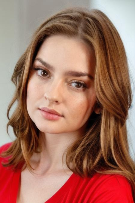 Portrait photo of m4rym00dy woman, detailed face, slight smile, (blurred background)+, red tshirt