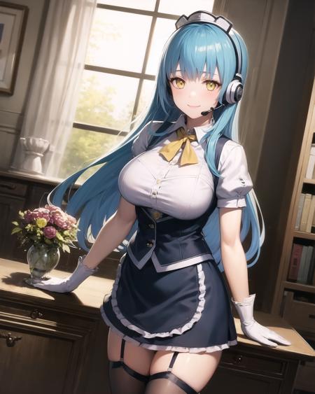 best quality, (masterpiece:1.2), illustration, absurdres,
(1girl, solo), (beautiful detailed girl),
<lora:Risette:0.8> Risette Twinings, yellow_eyes, blue_hair, long_hair, large breasts, 
(metal_headpiece), (headset)
maid, concierge, thighhighs, garter_straps, gloves, yellow neckwear,
inside elegant bedroom, night, window, curtain, starry sky, lamp, bookcase, nightstand, vase, desk,,
cowboy shot,,
looking at viewer, smile,