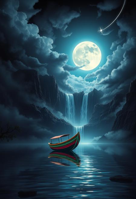 Under the eerie glow of a full moon, a dark and ominous landscape unfolds. A vibrant, colorful boat floats on the serene lake, its vivid hues contrasting starkly with the foreboding atmosphere. In the background, a waterfall cascades down jagged rocks, the water glistening in the moonlight. Thick, swirling clouds loom overhead, adding to the sense of an evil presence. The moonlight filters through the clouds, casting an otherworldly glow over the scene. A falling star streaks across the sky, adding a touch of mysticism to the night. The air is thick with a sense of ancient secrets and dark magic, as if the very night is alive with hidden power. As daylight breaks, light glows on the landscape, illuminating the boat and the surrounding scenery with a surreal brightness. romantic impressionism,dream scenery art,beautiful oil matte painting,romantic,style of thomas kinkade,beautiful digital painting,anime landscape,romantic painting,dreamlike digital painting,colorful painting,beautiful gorgeous digital art,style of greg rutkowski,janek sedlar,jenny saville: