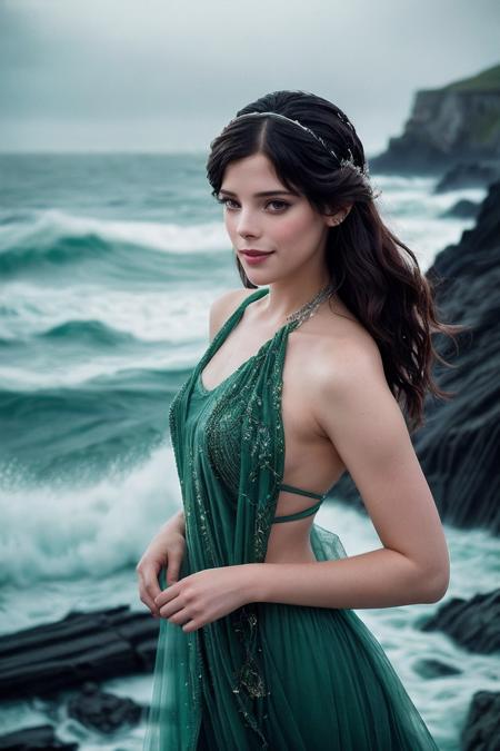 AshleyG_SoloTI_v1,
(happy,smile),
(In a gown of flowing emerald-green fabric, intricately embroidered with serpentine patterns and adorned with glistening gemstones, for a captivating and bewitching look),
(Amidst the crashing waves on a desolate shore, where the haunting melody of the sea entices sailors to their doom, a sense of enchantment and danger permeates the salty air:1.3),
(seductive:1.3),(analog, cinematic, film grain, hazy atmosphere, cinematic shot:1.3), 
 <lora:add_detail:0.6>,<lora:LowRa:0>, PA7_Portrait-MCU,
