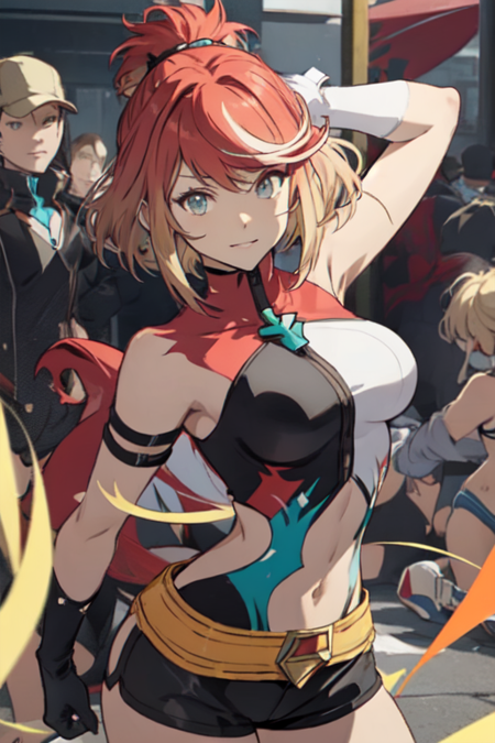 PyraPhantomThief, short hair, two-tone hair, red hair, blonde hair, large breasts, gloves, shorts, swept bangs, topknot, chest jewel
