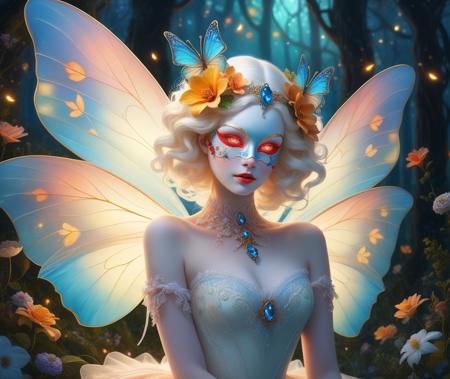 Style-PaintMagic, high quality, 8K Ultra HD, waist up shot, masked fairy woman, (beautiful and sexy Bioluminescent girl with a slim figure:1.2), (wearing a detailed porcelain venetian mask:1.8),  (albino, porcelain skin, colored skin, pale skin, stark white skin:2), red eyes, beautiful flowing Bioluminescent flowers forming a beautiful girl, Bioluminescent hair, dress made of flowers, full depth of field and realistic textures, arms up, colorful multicolored pixy wings from back, midriff, belly button, tiara, neon, glowing, floating particles, (fractal art:1.4), vines. night, enchanted forest, flowers, firefly, (detailed background:1.3), wholesome, (rating_explicit), <lora:add-detail-xl:0.8>  <lora:picxReal_10:0.8>, detailed skin texture, (blush:0.2), (goosebumps:0.3), subsurface scattering, dry skin, fuzzy skin