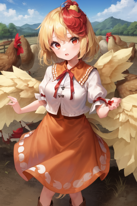 1girl, (((detailed eyes))), (((perfect face))), (((Solo))), ((detailed field, withered grass, white grass, higanbana, lycoris radiata)), ((Kutaka Niwatari, touhou)), ((red eyes)), ((light yellow hair, red hair extension, short hair)), ((light yellow wings)), ((light yellow feathery tail)), ((orange dress)), ((white jacket)), ((orange puritan collar)), ((red ribbon)), ((brown boots)), smiling, ((looking at viewer)), ((standing))