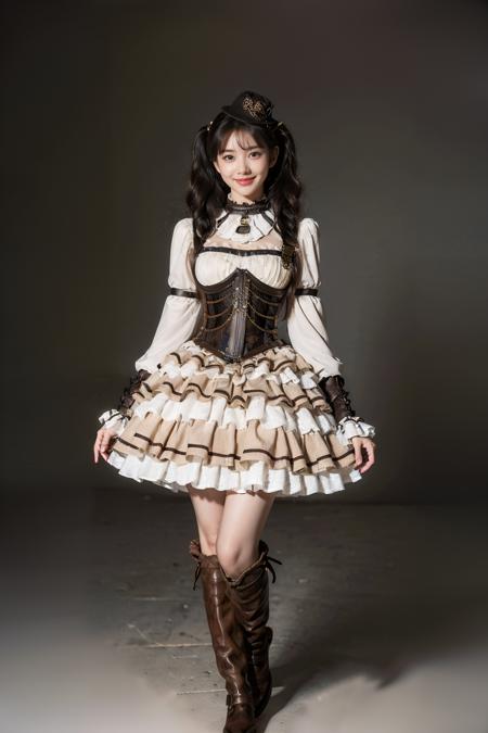 cyb dress, steampunk, layered dress, frilled dress, frills, corset, long sleeves, hat, knee boots