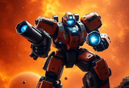 Dynamic action pose of imposing black & orange combat robot wielding dual heavy cannons. Blue chest core casts intense light. Against deep orange nebula with scattered starlight. Ultra-detailed 4K render, Octane, Unreal Engine 5, trending on ArtstationHQ, CGSociety. Exceptional quality, sharp focus, captivating lighting, stunning colors, harmonious. Impeccable cinematic composition, creative angle, Golden Ratio. Contemporary aesthetic, matte painting, Splash Ink style. Isometric perspective. Handcrafted precision, detailed optics.