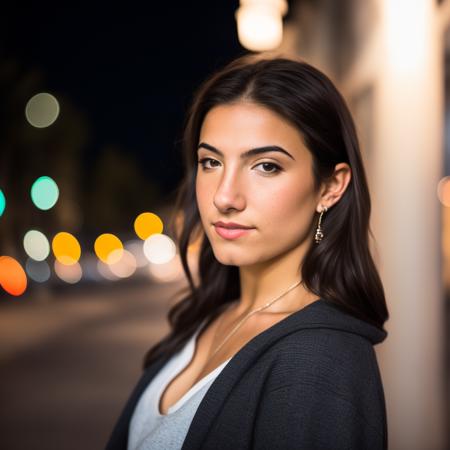 RAW photo, a portrait photo of <lora:Loradamelio_v2:1> woman in casual clothes, night, city street, (high detailed skin:1.2), 8k uhd, dslr, soft lighting, high quality, film grain, Fujifilm XT3