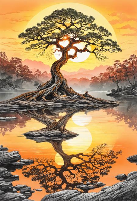 rating_safe, breathtaking detailed, masterpiece, absurdres, awe-inspiring, best quality, vibrant colors, a dramatic bonsai-like tree standing on rocky ground, reflected perfectly in a still lake, BREAK, intense sunset glow in the background, circular sun halo framing the silhouette, (twisted tree trunk rendered with natural shadow depth), BREAK, graphite pencil texture visible in the rock base and tree bark, subtle colored pencil accents in the orange sky gradient and treetop shading, [high contrast reflection], [atmospheric haze], symmetrical composition, drawn elements softly integrated into the realism, BREAK, natural texture layering, semi-realistic    <lora:sdxl_ta86artstyle_pen_realism.safetensors:0.8:0.8>