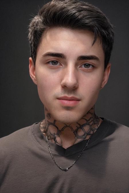 closeup headshot photo of male jakipz <lora:jakipz-08:0.85> wearing a form-fitting black t-shirt, simple dark gray backdrop, soft directional lighting, confident expression, neck tattoo