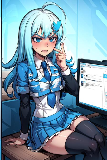 masterpiece, best quality, twitter-chan, hair ornament, white shirt, black long-sleeve shirt, layered sleeves, necktie, blue skirt, black thighhighs, skindentations, sitting, shiny skin, sweat, angry, computer <lora:twitterchan-nvwls-v1:0.9>