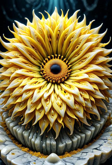 The Pollen Maw of Sunstroke Vale,
a bright yellow creature with a petal-like outer ring, central opening made of concentric marble mouths stacked like flower stamens, each with soft human teeth, fine filament-like feelers reaching outward from every crevice, ground beneath coated in golden dust , liquid marble aesthetic, best_quality, masterpiece, absurdres, highres, subject_focus, depth_of_field, very_detailed, extremely_detailed, ultra_detailed, sharp_focus, intricate detail, pollen microhorror, floral mimicry terror, surreal bloom dread,
mobe-cedeen