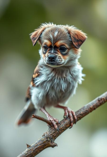 Hybrid between a house sparrow and a puppy, the small, agile body of a house sparrow with the head of a cute puppy, perched on a tree branch, hyper-realistic, action scene, cinematic, perfect textures, tilt-shift effect.