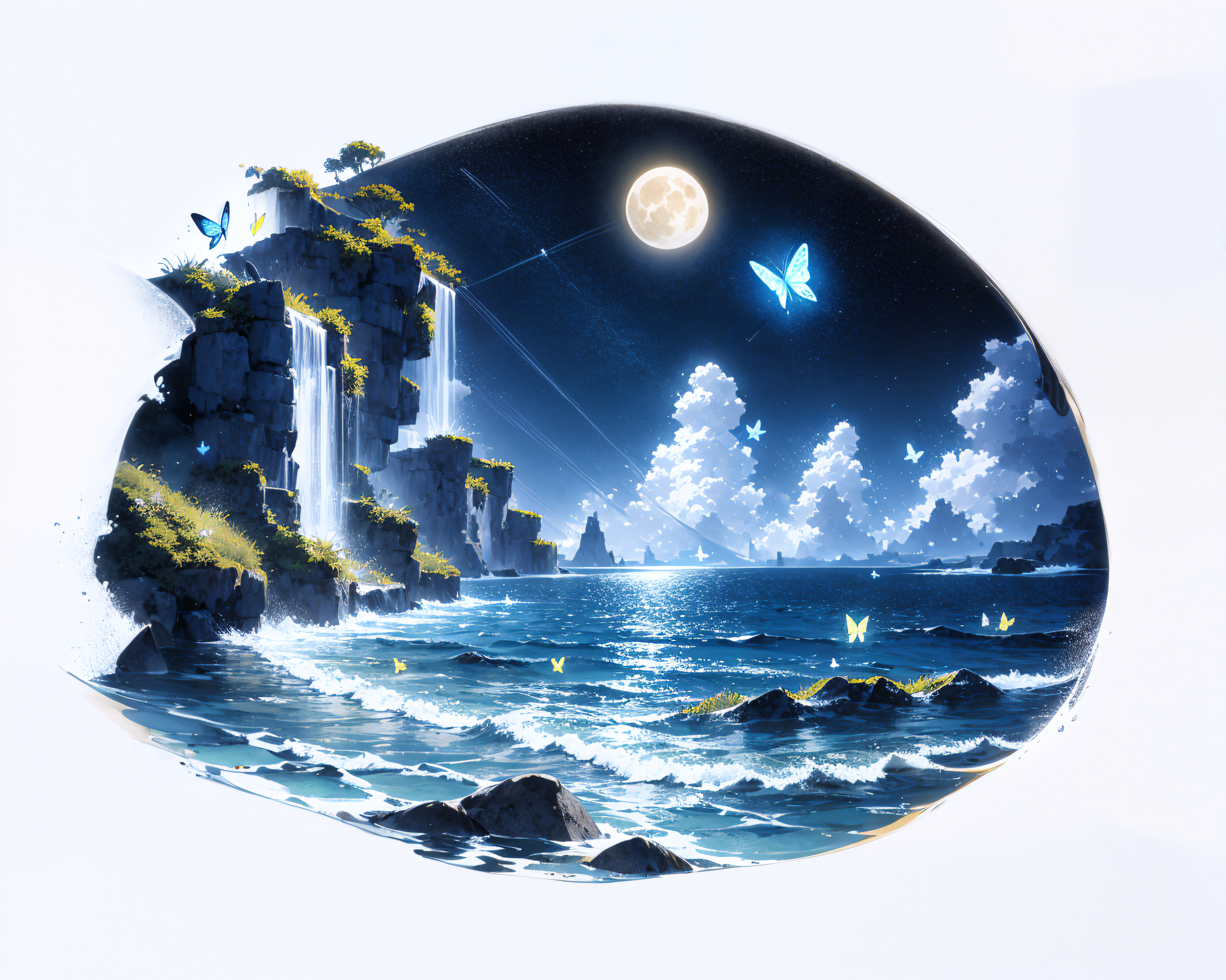 [(white background:1.5),::5] hexagon, island, ocean, sea waves, water splashes, sky, detailed moon, light particles, butte...