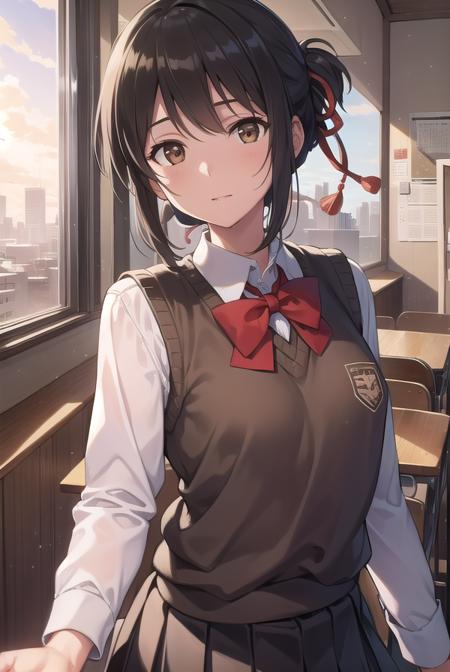 mitsuhamiyamizu, <lora:mitsuhatest:1>,
mitsuha miyamizu, black hair, (brown eyes:1.5), hair ribbon, (small breast:1.2),
BREAK bow, bowtie, kneehighs, pleated skirt, red bow, red bowtie, school uniform, skirt, sweater vest, brown vest,
BREAK looking at viewer,
BREAK indoors, classroom,
BREAK <lora:GoodHands-vanilla:1>, (masterpiece:1.2), best quality, high resolution, unity 8k wallpaper, (illustration:0.8), (beautiful detailed eyes:1.6), extremely detailed face, perfect lighting, extremely detailed CG, (perfect hands, perfect anatomy),