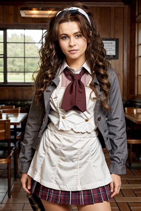 <lora:Helena_Bonham_Carter:1> 1woman, solo, mature hb1873c, , brown_hair, wavy hair, messy hair, school girl costume ,  restaurant , day