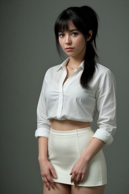 score_9, score_8_up, score_8, 1girl, solo, perfect face, light blue eyes, boot heels, formal white shirt, black skirt, cowboy shot, small breasts, long black hair, red highlights, elegant ponytail, bracelet, necklace, parted bangs, hand on hip, refined, volumetric lighting, cinematic lighting, blurry background, close up