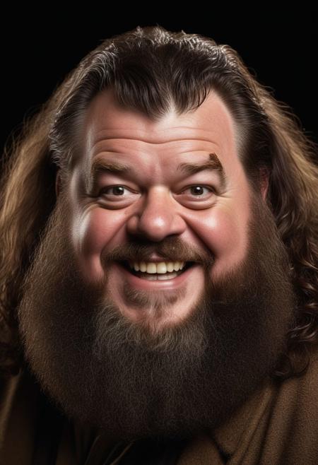 A medium 40mm funny portrait of Robbie Coltrane as hagrid smiling, eyebrows very up, wet bear, hyper realistic cute photo with no background, dark brown library background, looking at viewer, looking down, from below, close-up, (detailed facial features:0.2), high quality, professional photo, 28mm, (intricate detail), ((incredibly detailed skin:0.38)), Surreal Harmony, cinematic, lighting, 8K, HDR10, analog,