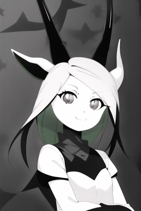 (Monochrome:1.3), libbie , masterpiece, 1girl, white hair, happy, black horns, arms, slim, perfect hands, slight smile, <lora:libbie-15:1> <lora:namori_manga-20:0.9>