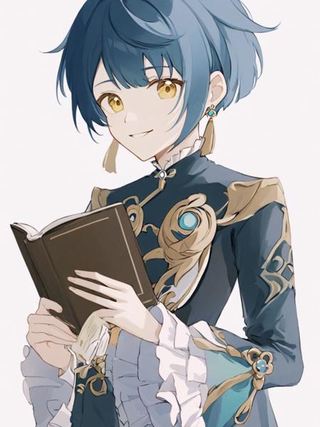 <lora:xingqiu:1>,xingqiu_\(genshin_impact\), solo, book, white_background, single_earring, holding_book, earrings, jewelry, 1boy, blue_hair, simple_background, holding, male_focus, frilled_sleeves, upper_body, smile, frills, long_sleeves, looking_at_viewer, closed_mouth, bangs, yellow_eyes, tassel, flower, open_book, short_hair