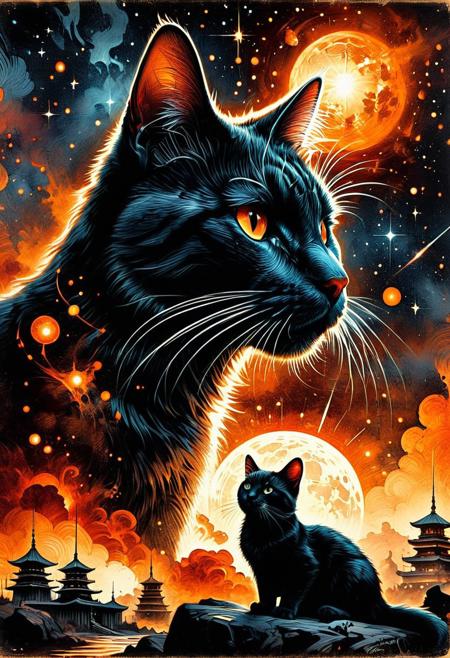 Silhouette Art of a cat, breathtaking detailed, masterpiece, lovely, charming, awe-inspiring, radiant, magnificent. (all dark hues and fine vibrant orange glowing smoldering accent and shiny gold color scheme:1.02). glossy.
<lora:InkArtXL_1.2:0.4> <lora:FaeTastic:0.35> . award-winning, professional, highly detailed . extremely high-resolution details, photographic, realism pushed to extreme, fine texture, incredibly lifelike, high contrast, well defined .  (in the style of Frank Frazetta painting) Dean Cornwell, design, 1970s, Russian Constructivist style, double exposure, volumetric lighting, expressive, ancient starchart, ink spattered background, warm colors, space, art deco, splatter, Japanese Woodblock print, planar rectilinear shapes, extreme energy, dynamic posing, Dutch angle, black, Crimson<lora:xl_more_art-full_v1:0.3>