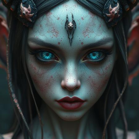 Ethereal demon girl, Reflective eyes capture unseen worlds. Hyper-detailed textures, surreal atmosphere