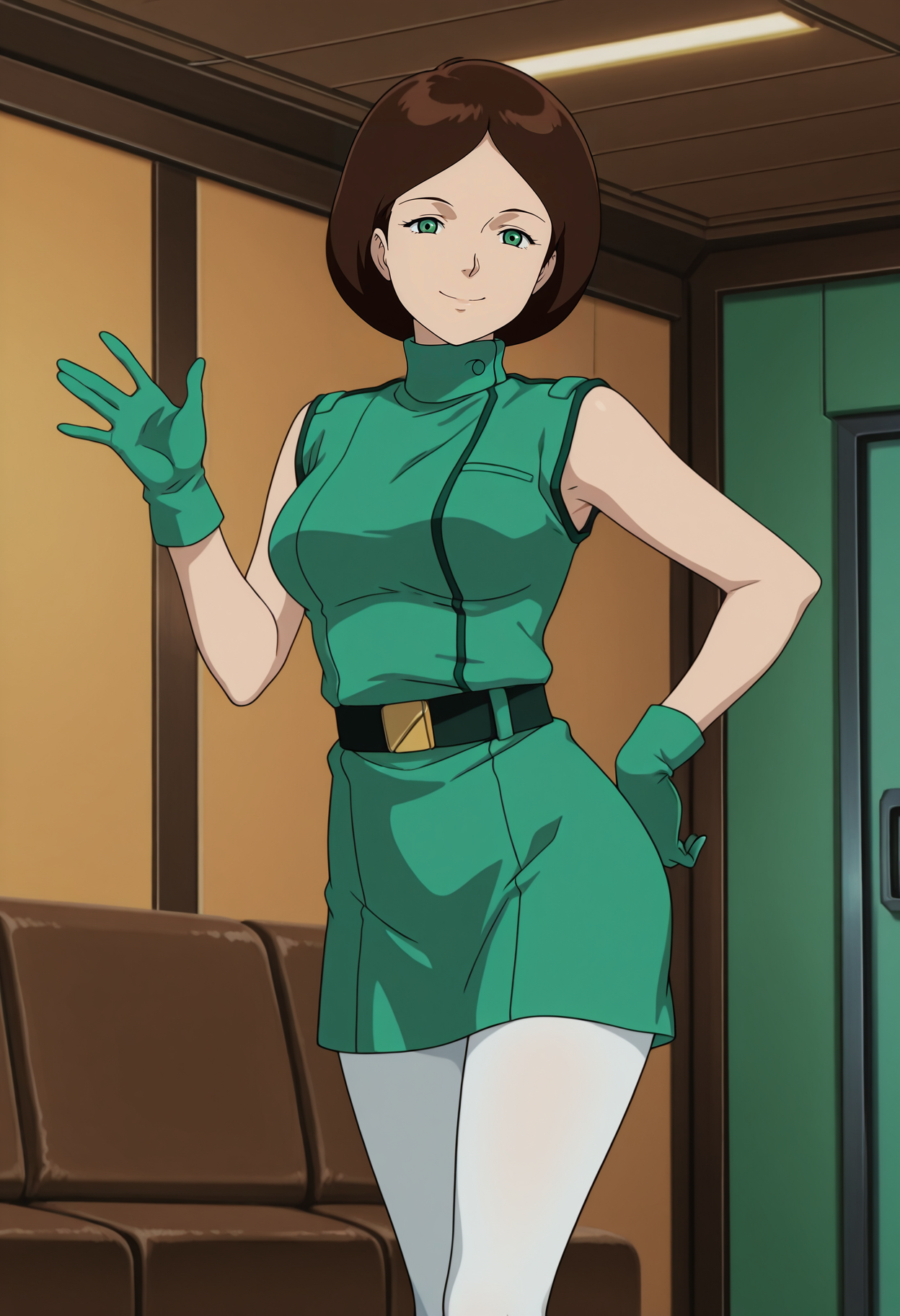 This A woman with dark brown hair and green eyes, wearing a sleeveless green tunic with a high collar, a dark belt, white tights, and green gloves. The background shows a brown couch and green walled indoor setting. 