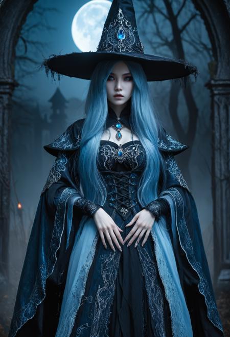 Gothic style Tilt-shift photo of   . , .Selective focus, highly detailed, vibrant, perspective control,, <lora:Waifu Style-Du Qiong-000008:0.25>,Du Qiong,, dark fantasy horror theme,dark fantasy concept art,artificial construct,ranni the witch,renna of elden ring,lunar princess ranni,realistic living porcelain doll,very long hair,knee-length hair,flowing silver-blue hair,one-eyed,bright pale blue luminous eye,four arms,wearing heavy layered robes with intricate embroidery,large slightly tattered witch hat,ethereal,ghostly,moonlit,whitish glow,uncanny,cold,enigmatic aura,small frame,petite,slender, . Dark, mysterious, haunting, dramatic, ornate, detailed