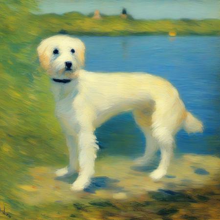 an impressionist painting of a dog by a lake in the style of Hassam <lora:impressionism:1>