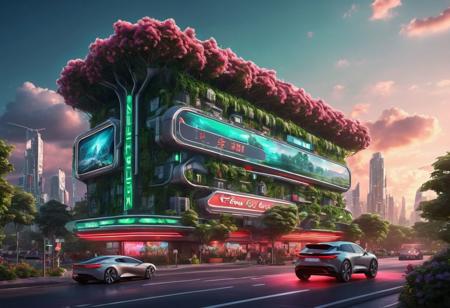 a futuristic city, building with luminous neon sign, huge screen with advertissement, very populate, road in sky , flying car, photorealistic, green and red tint, ecologic city with tree and flower, glowing lights, very detailled, very realistic, vegetation on roof and facade