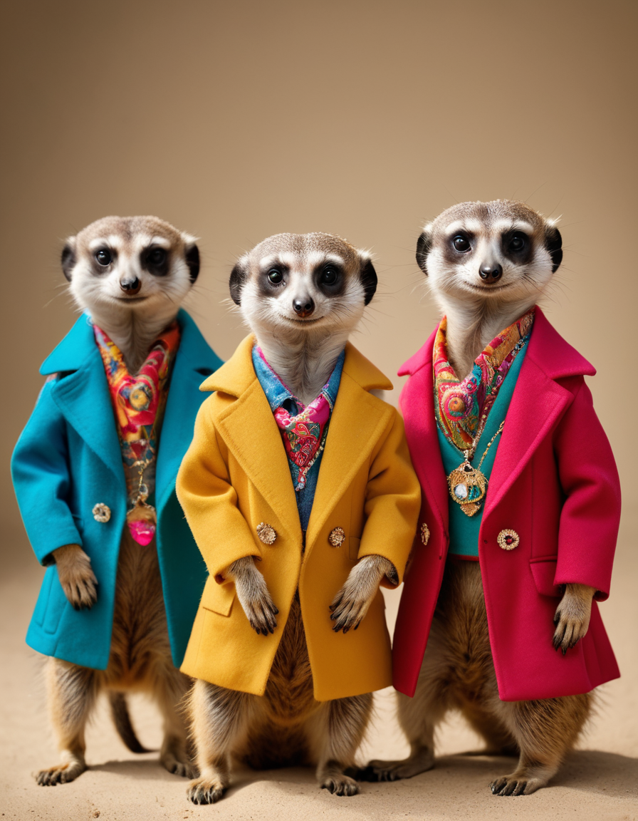 A whimsical assembly of (fashion-forward meerkats:1.3), each adorned in (vibrant, stylish outfits:1.2), posing with charis...