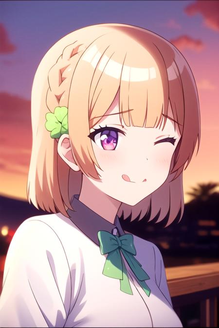 masterpiece, highres, absurdres,1girl, <lora:KurojaShidaR4:0.7>,KurojaShidaR4,short hair, purple eyes, green ribbon, hair ornament,;q,bangs,blurry,blurry_background,blurry_foreground,bow,bowtie,braid,cloud,depth_of_field,evening,gradient_sky,hair_ornament,looking_at_viewer,one_eye_closed,orange_sky,outdoors,red_sky,shirt,short_hair,sky,solo,sunset,tongue,tongue_out,twilight