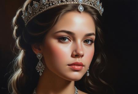 oil painting of a princess, perfect face, extremely detailed, intricate, elegant, by Greg Rutkowski, deep contrasting background, beautiful light, inner glow