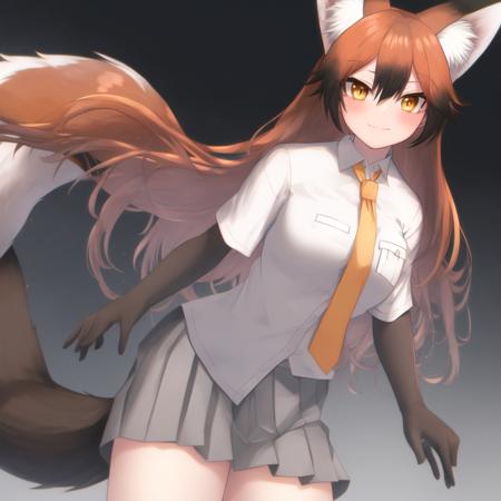 akagitsu, 1girl, solo, animal ears, fox ears, long hair, fox tail, ginger hair, gray pleated skirt, black gloves, black sleeves, white bowtie, black knee-highs, short sleeves, yellow necktie, white shirt, orange sleeves, hair between eyes, very long hair, fur-trimmed sleeves, fox girl, bangs, orange eyes, black loafers, brown tipped ears, black tail, white tipped tail, breast pocket, breasts, detailed shading, detailed ambient light