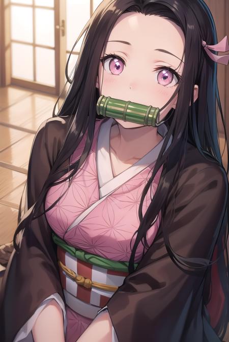 nezuko kamado, bamboo, bit gag, black hair, forehead, gag, gagged, hair ribbon, long hair, multicolored hair, (pink eyes:1.5), orange hair, slit pupils, wavy hair, two-tone hair, asa no ha (pattern), checkered sash, haori, japanese clothes, kimono, long sleeves, obi, pink kimono, sash, wariza,  wide sleeves